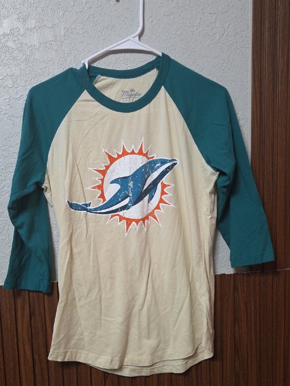 Majestic Cream & Teal Miami Dolphins Raglan Tee Sz Small Unisex [0028]
